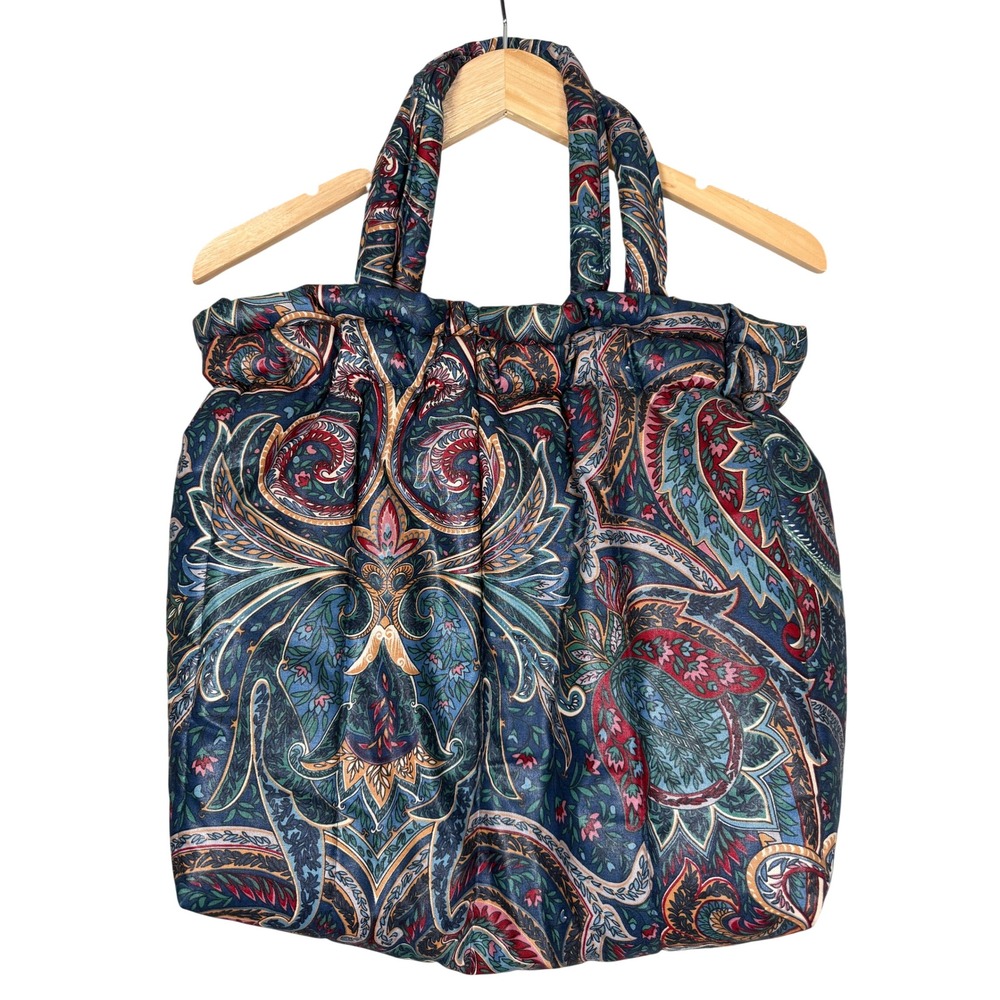 VTG Tote Folks Puffy Paisley Tote Bag Large Blue Boho Quilted USA Knit Crochet